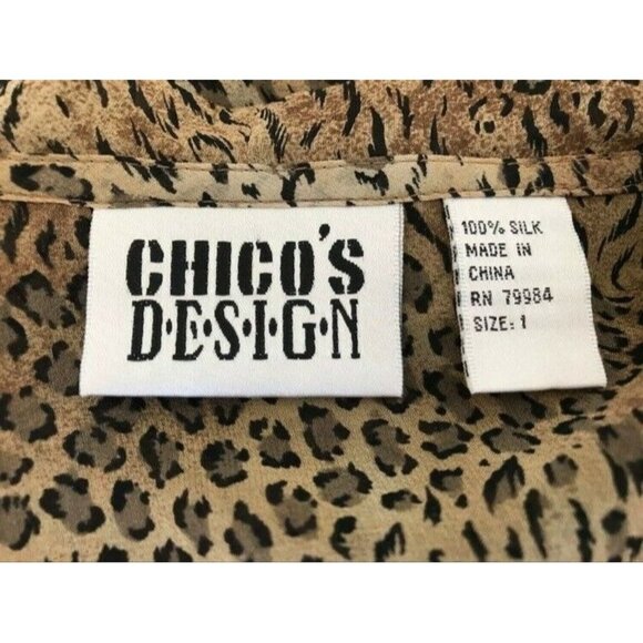 CHICO'S DESIGN 100% Silk Blouse Top Size 1 Animal Print Semi-Sheer Ruffle Front - Picture 5 of 6
